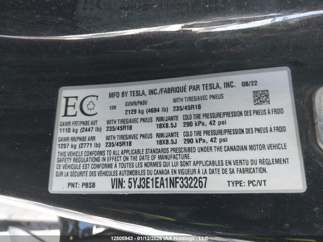 5YJ3E1EA1NF332267 Tesla MODEL 3