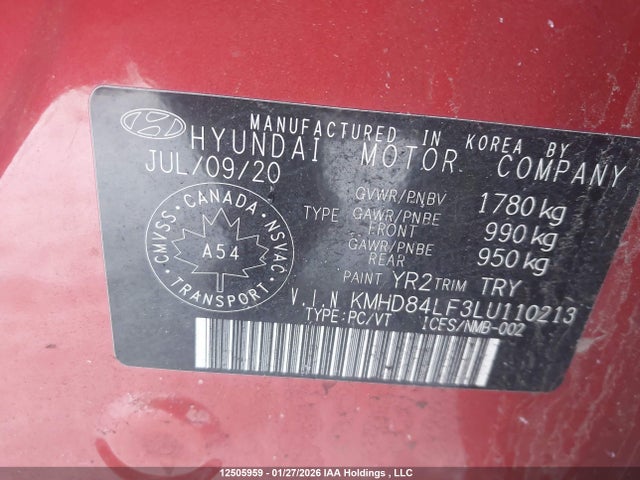 2020 Hyundai Elantra Ultimate მანქანა იყიდება აუქციონზე, vin: KMHD84LF3LU110213, აუქციონის ნომერი: 12505959