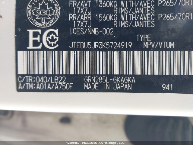 JTEBU5JR3K5724919 Toyota 4runner Sr5/sr5 Premium/limited/limited Night Shade/trd Off Road/trd Off Road Premium/trd Pro