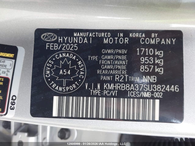 Aukcja sprzedaży 2025 Hyundai Venue Se, vin: KMHRB8A37SU382446, numer aukcji: 12505999
