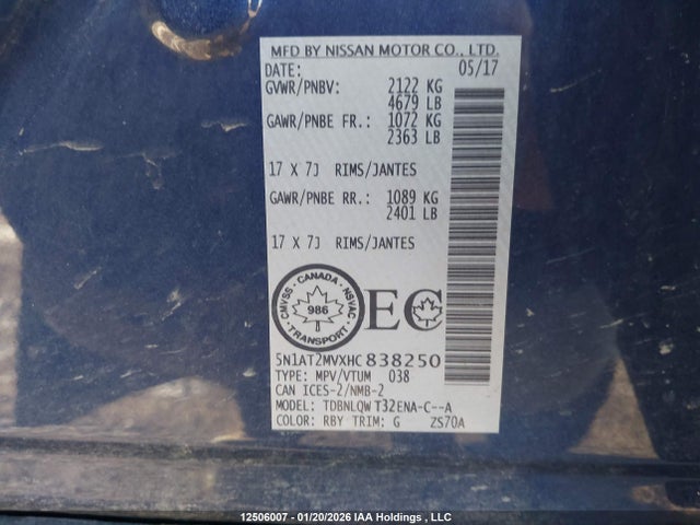 Продажа на аукционе авто 2017 Nissan Rogue S/sl Platinum/sv, vin: 5N1AT2MVXHC838250, номер лота: 12506007