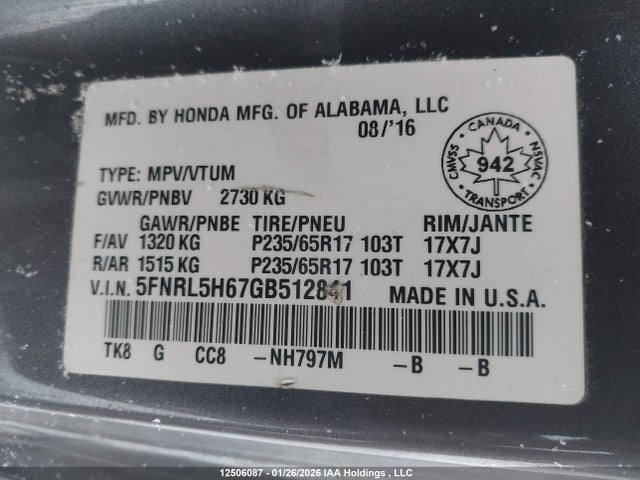 5FNRL5H67GB512841 Honda ODYSSEY EXL