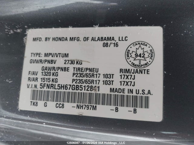 5FNRL5H67GB512841 Honda ODYSSEY EXL