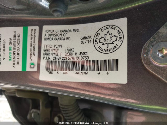 2019 Honda Civic Lx მანქანა იყიდება აუქციონზე, vin: 2HGFC2F57KH019760, აუქციონის ნომერი: 12506108