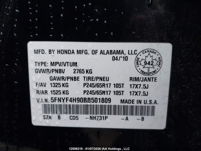 Aukcja sprzedaży 2011 Honda Pilot Touring, vin: 5FNYF4H90BB501809, numer aukcji: 12506218