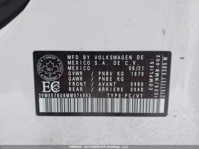 2021 Volkswagen Jetta Highline მანქანა იყიდება აუქციონზე, vin: 3VWE57BU6MM074992, აუქციონის ნომერი: 12506232