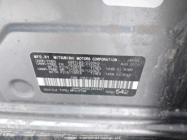 12506265 :رقم المزاد ، JA4AZ2A32LZ604027 vin ، 2020 Mitsubishi Outlander Es مزاد بيع