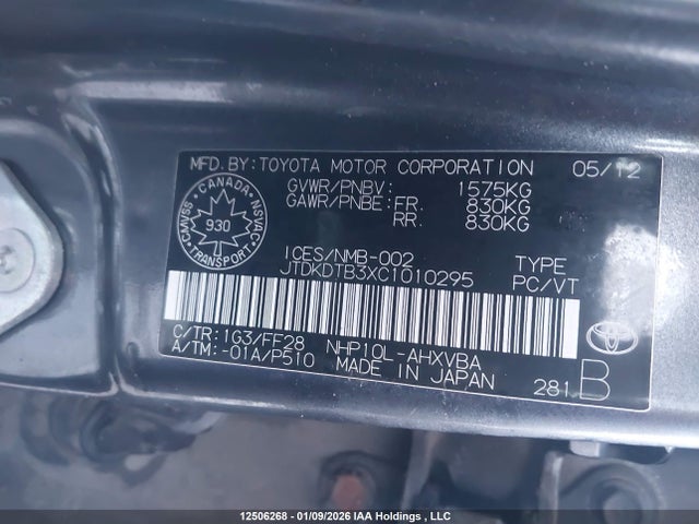 12506268 :رقم المزاد ، JTDKDTB3XC1010295 vin ، 2012 Toyota Prius C مزاد بيع