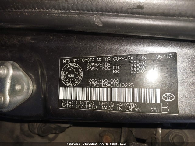 12506268 :رقم المزاد ، JTDKDTB3XC1010295 vin ، 2012 Toyota Prius C مزاد بيع