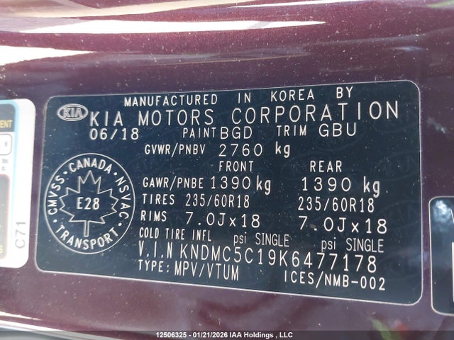 Продаж на аукціоні авто 2019 Kia Sedona Sx/sx+, vin: KNDMC5C19K6477178, номер лоту: 12506325
