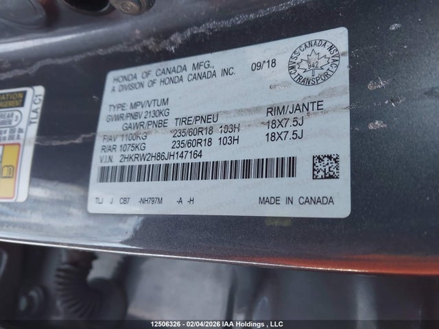 2HKRW2H86JH147164 Honda Cr-v Ex-l