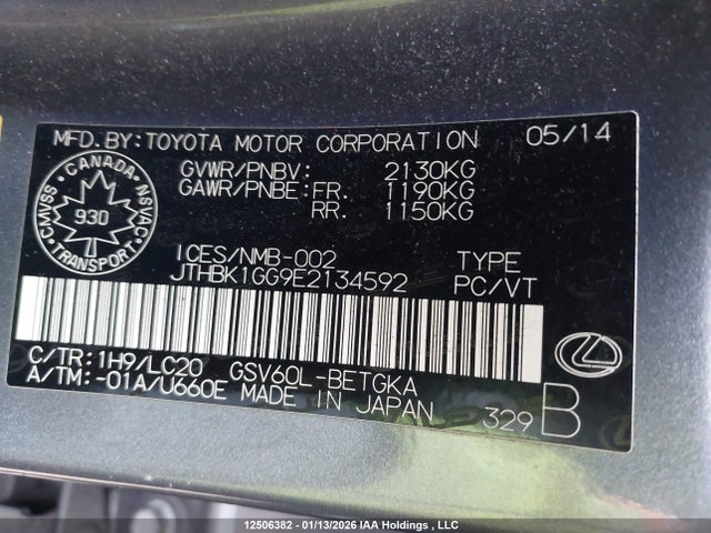 JTHBK1GG9E2134592 Lexus Es 350 350