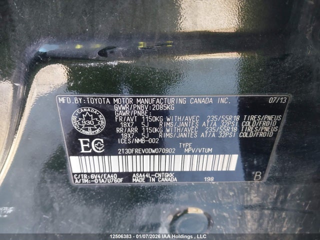 Продаж на аукціоні авто 2013 Toyota Rav4 Limited, vin: 2T3DFREV0DW070902, номер лоту: 12506383