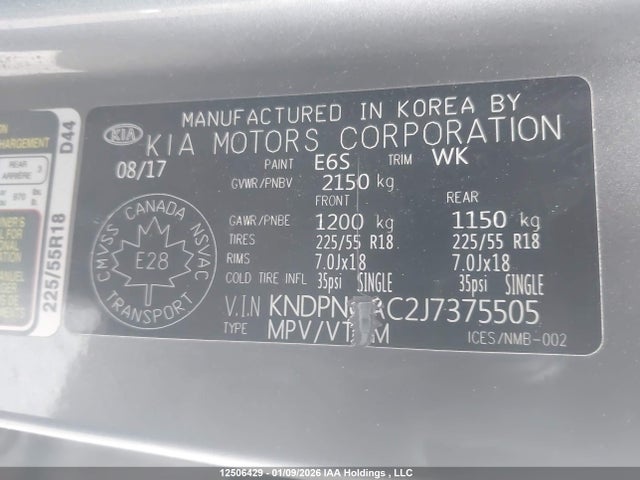 KNDPNCAC2J7375505 KIA Sportage Ex/ex Premium/ex Tech