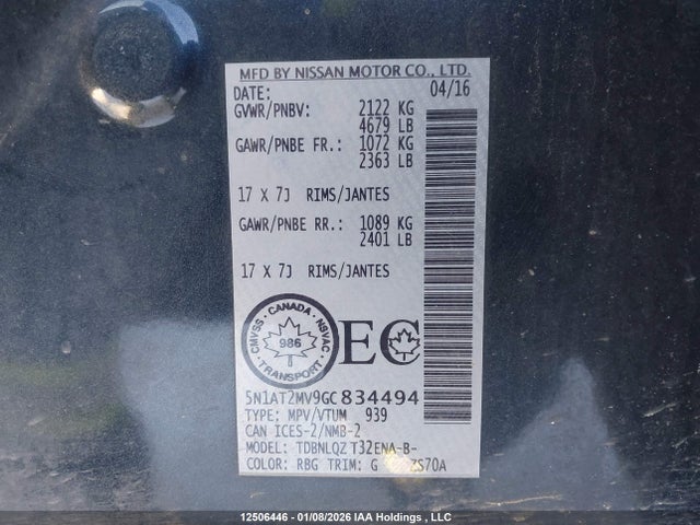 5N1AT2MV9GC834494 Nissan Rogue S/sl/sv