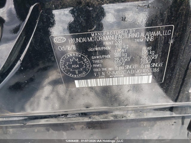 2019 Hyundai Santa Fe Essential მანქანა იყიდება აუქციონზე, vin: 5NMS2CAD5KH053186, აუქციონის ნომერი: 12506459