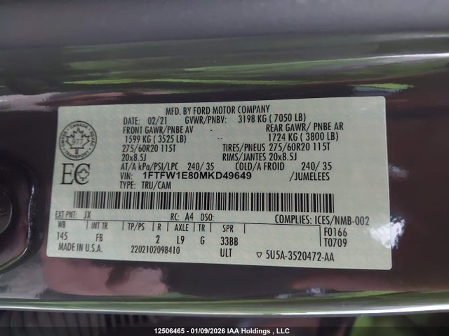 1FTFW1E80MKD49649 Ford F150 Supercrew