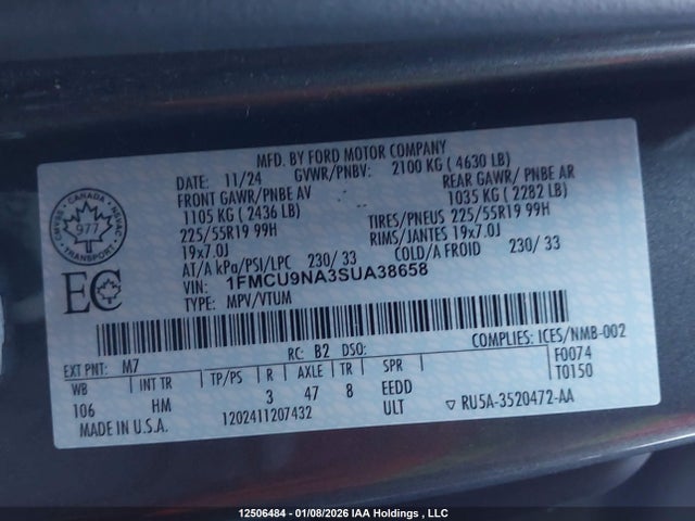 2025 Ford Escape მანქანა იყიდება აუქციონზე, vin: 1FMCU9NA3SUA38658, აუქციონის ნომერი: 12506484
