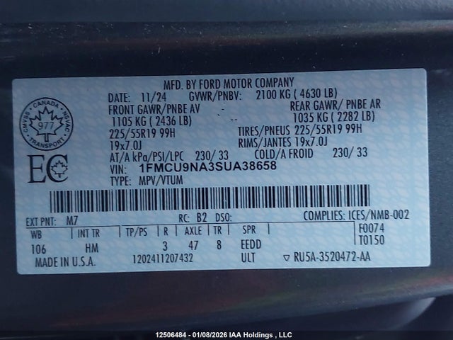 2025 Ford Escape მანქანა იყიდება აუქციონზე, vin: 1FMCU9NA3SUA38658, აუქციონის ნომერი: 12506484