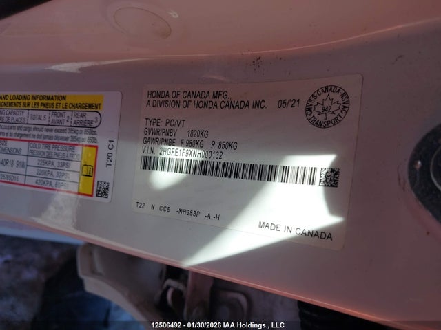 2HGFE1F9XNH000132 Honda Civic Touring