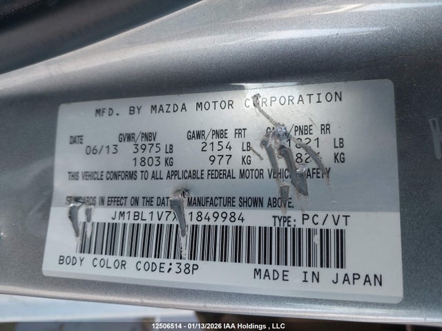 Aukcja sprzedaży 2013 Mazda Mazda3 Gs-sky, vin: JM1BL1V7XD1849984, numer aukcji: 12506514