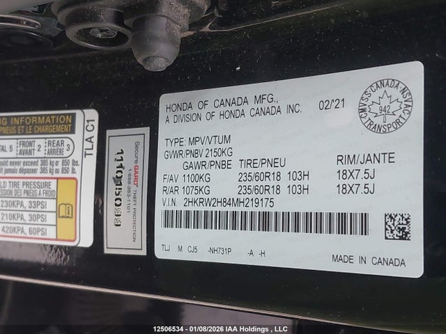 2HKRW2H84MH219175 Honda Cr-v Ex-l
