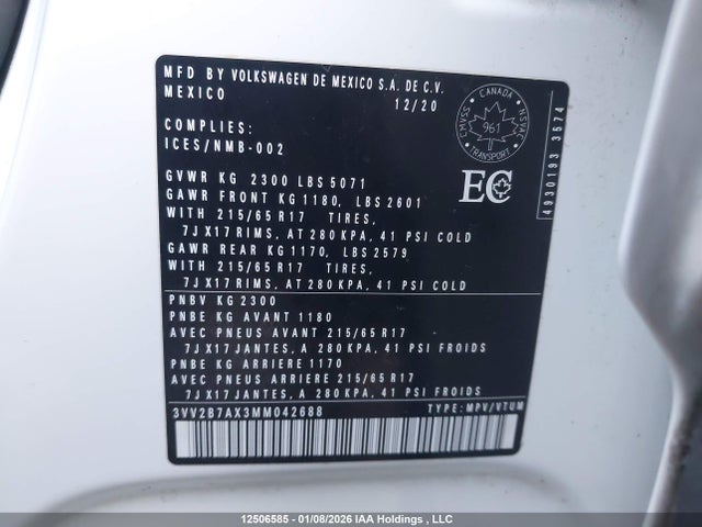 3VV2B7AX3MM042688 Volkswagen Tiguan Se/se R-line Black/sel