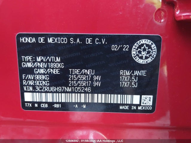 3CZRU6H97NM105246 Honda Hr-v Touring