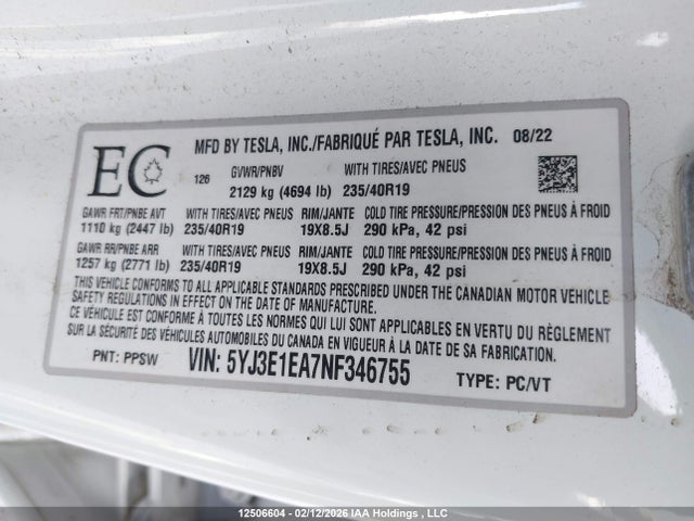 5YJ3E1EA7NF346755 Tesla Model 3 Rwd/standard Range
