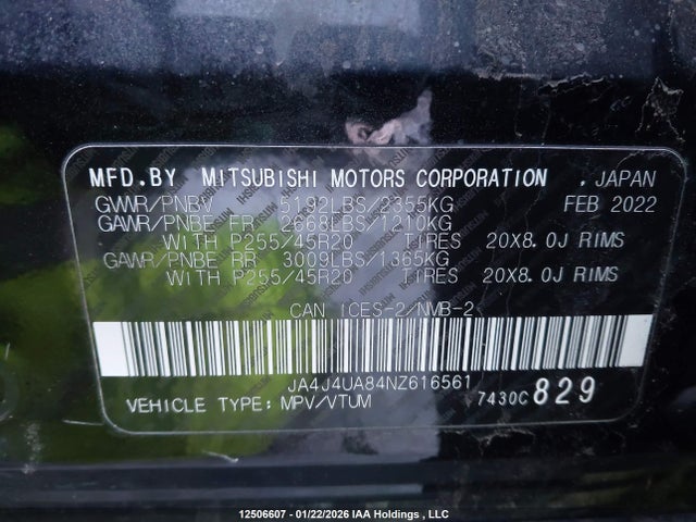 JA4J4UA84NZ616561 Mitsubishi Outlander Le/le Premium/se/sel