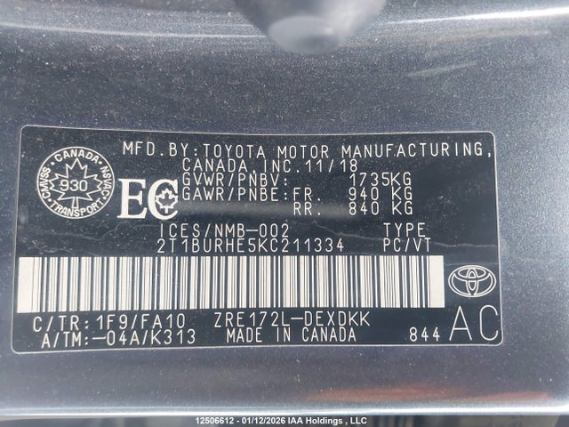 2T1BURHE5KC211334 Toyota Corolla