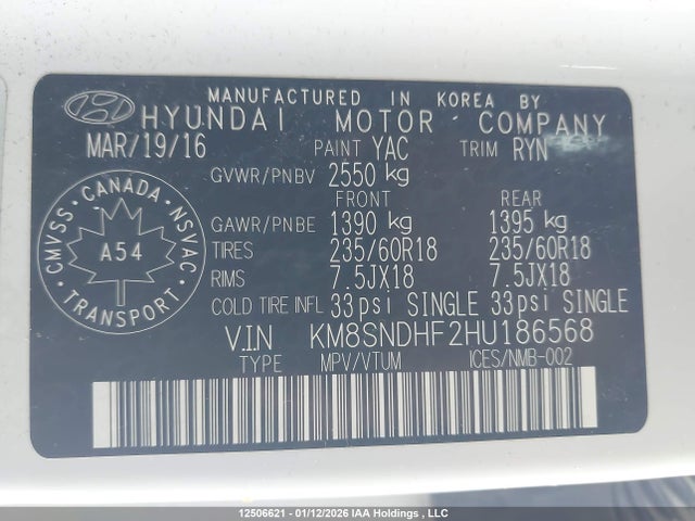 KM8SNDHF2HU186568 Hyundai Santa Fe Se/limited