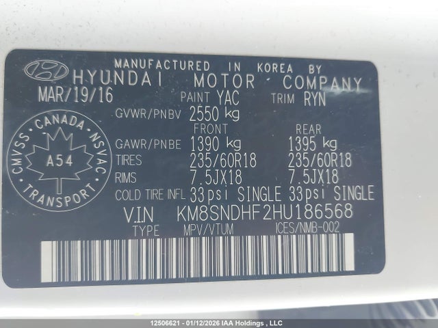 KM8SNDHF2HU186568 Hyundai Santa Fe Se/limited