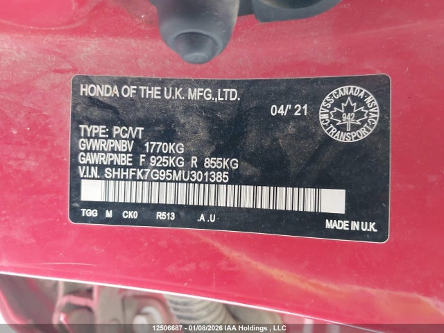 SHHFK7G95MU301385 Honda Civic Sport Touring