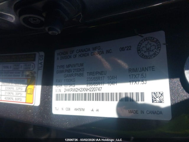 2HKRW2H2XNH220747 Honda CR-V LX