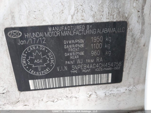 Продаж на аукціоні авто 2012 Hyundai Sonata Gl, vin: 5NPEB4AC4CH454758, номер лоту: 12506773