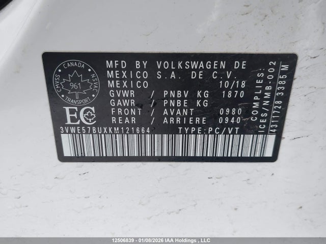 Aukcja sprzedaży 2019 Volkswagen Jetta 1.4 Tsi Highline, vin: 3VWE57BUXKM121664, numer aukcji: 12506839