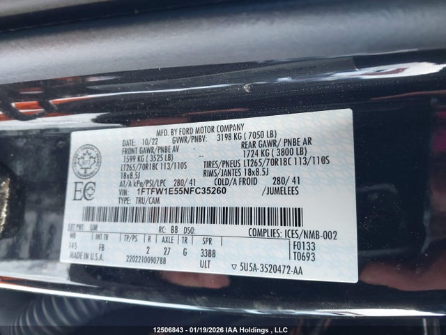 Продажа на аукционе авто 2022 Ford F-150 Xlt, vin: 1FTFW1E55NFC35260, номер лота: 12506843
