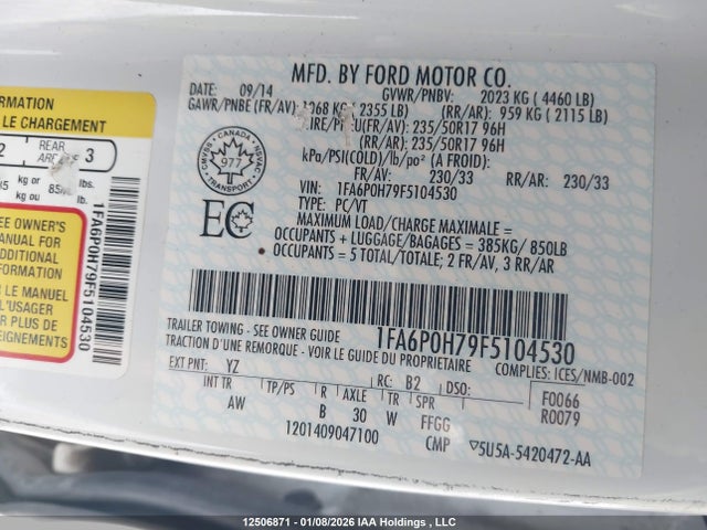 Ford FUSION SE 2015 1FA6P0H79F5104530 Image 9