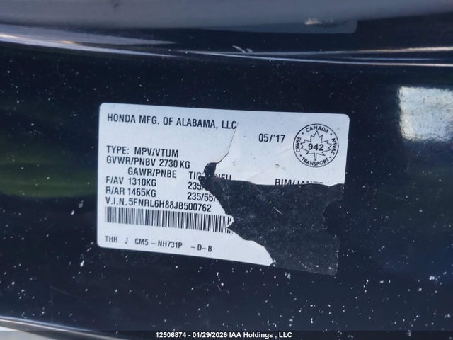 5FNRL6H88JB500762 Honda Odyssey Touring