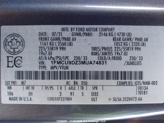 Aukcja sprzedaży 2021 Ford Escape Titanium Hybrid, vin: 1FMCU9DZ3MUA74831, numer aukcji: 12506897