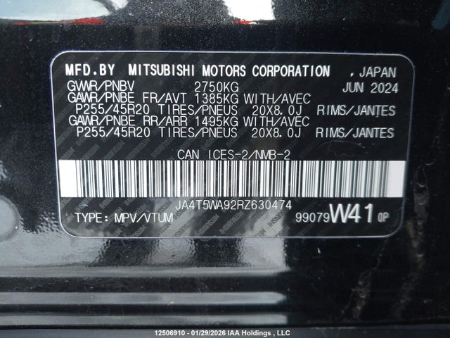 JA4T5WA92RZ630474 Mitsubishi Outlander Gt/gt Noir/gt Premium/noir