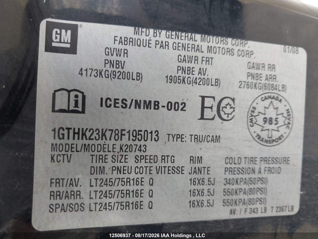 Aukcja sprzedaży 2008 Gmc Sierra 2500hd, vin: 1GTHK23K78F195013, numer aukcji: 12506937
