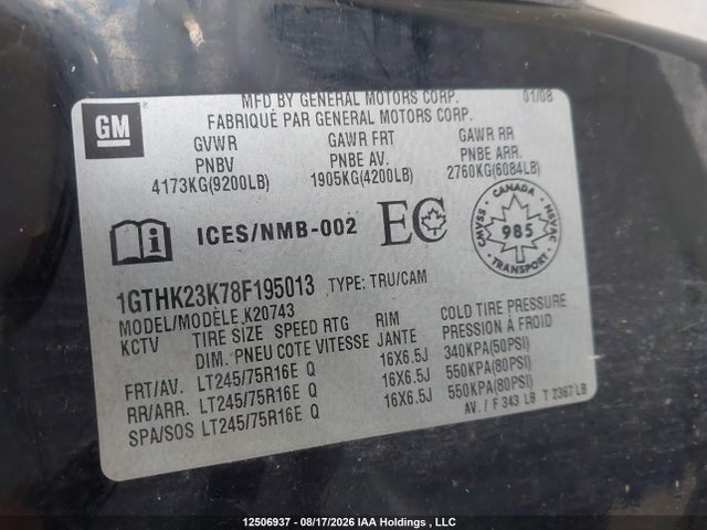 Aukcja sprzedaży 2008 Gmc Sierra 2500hd, vin: 1GTHK23K78F195013, numer aukcji: 12506937