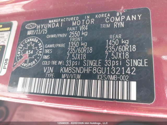 KM8SNDHF8GU132142 Hyundai Santa Fe