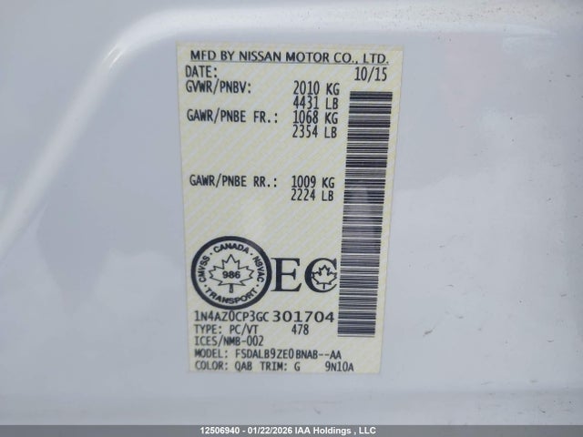 1N4AZ0CP3GC301704 Nissan Leaf