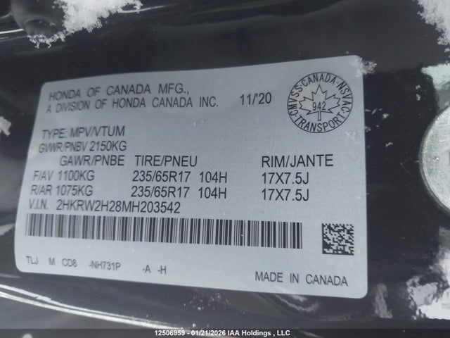 2HKRW2H28MH203542 Honda CR-V LX