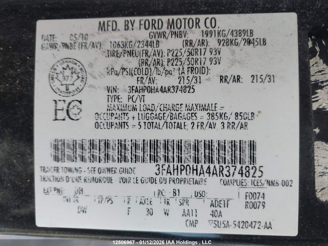 Продаж на аукціоні авто 2010 Ford Fusion Se, vin: 3FAHP0HA4AR374825, номер лоту: 12506967