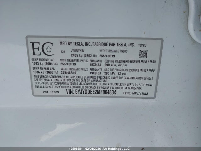 Продажа на аукционе авто 2021 Tesla Model Y, vin: 5YJYGDEE2MF064834, номер лота: 12506981