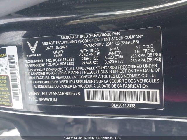 Продажа на аукционе авто 2024 Vinfast Vf 8 Plus, vin: RLLV1AFA4RH005778, номер лота: 12507144